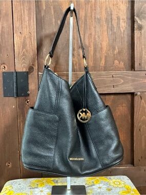 Michael Kors Black Pebbled Leather Hobo with Gold MK Charm